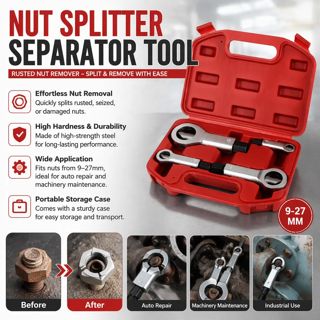 Industrial Nut Splitter Cutter, Heavy‑Duty Rusted Jammed Nut Breaker, Corroded Stripped Nut Separator Removal Hand Tool