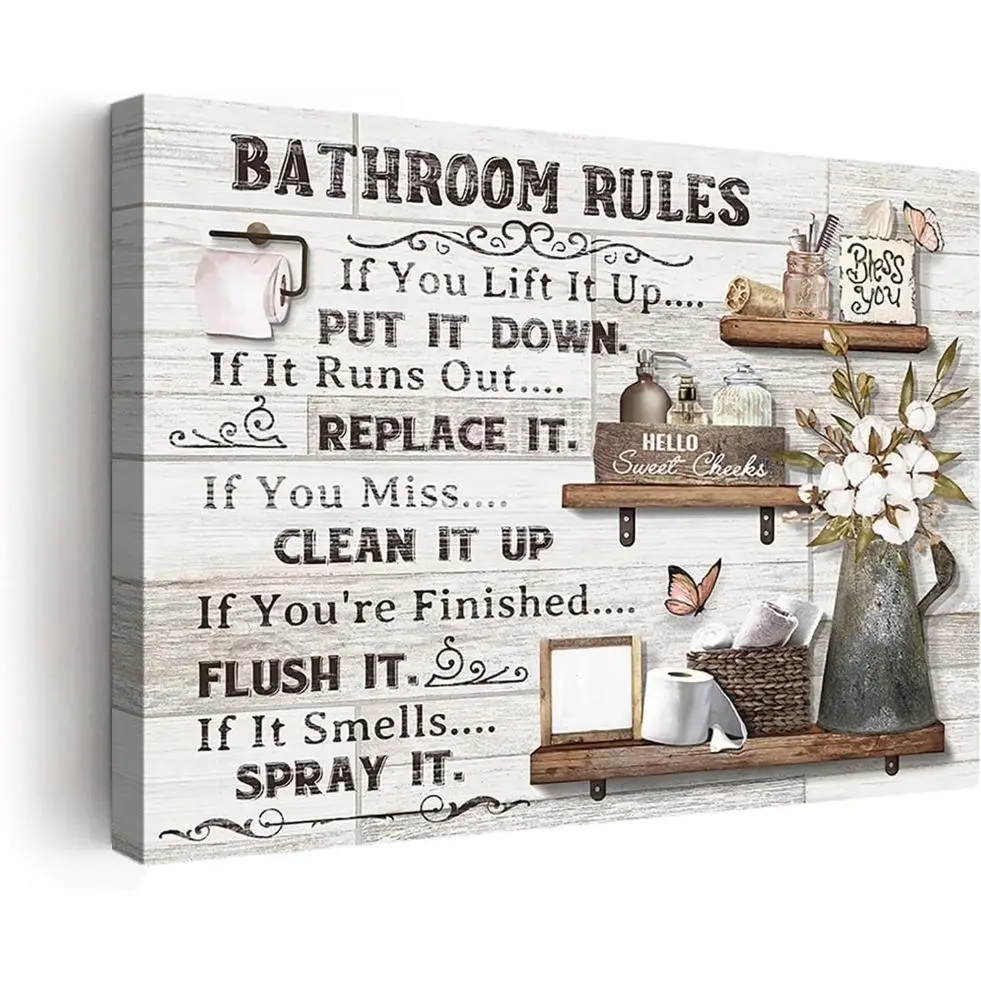 Farmhouse Bathroom Decor Wall Art Rustic Flower and Butterfly Bathrooms Pictures Canvas Print Bathrooms Wall Decor Country Bathroom Wall Art Framed Ready To Hang