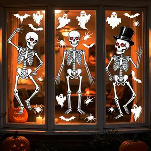 3sheets/set Super Large Halloween Skeleton Static Sticker, Ghosts Spiders Bats Decorations, Indoor Outdoor Glass Stickers, Festival Decoration