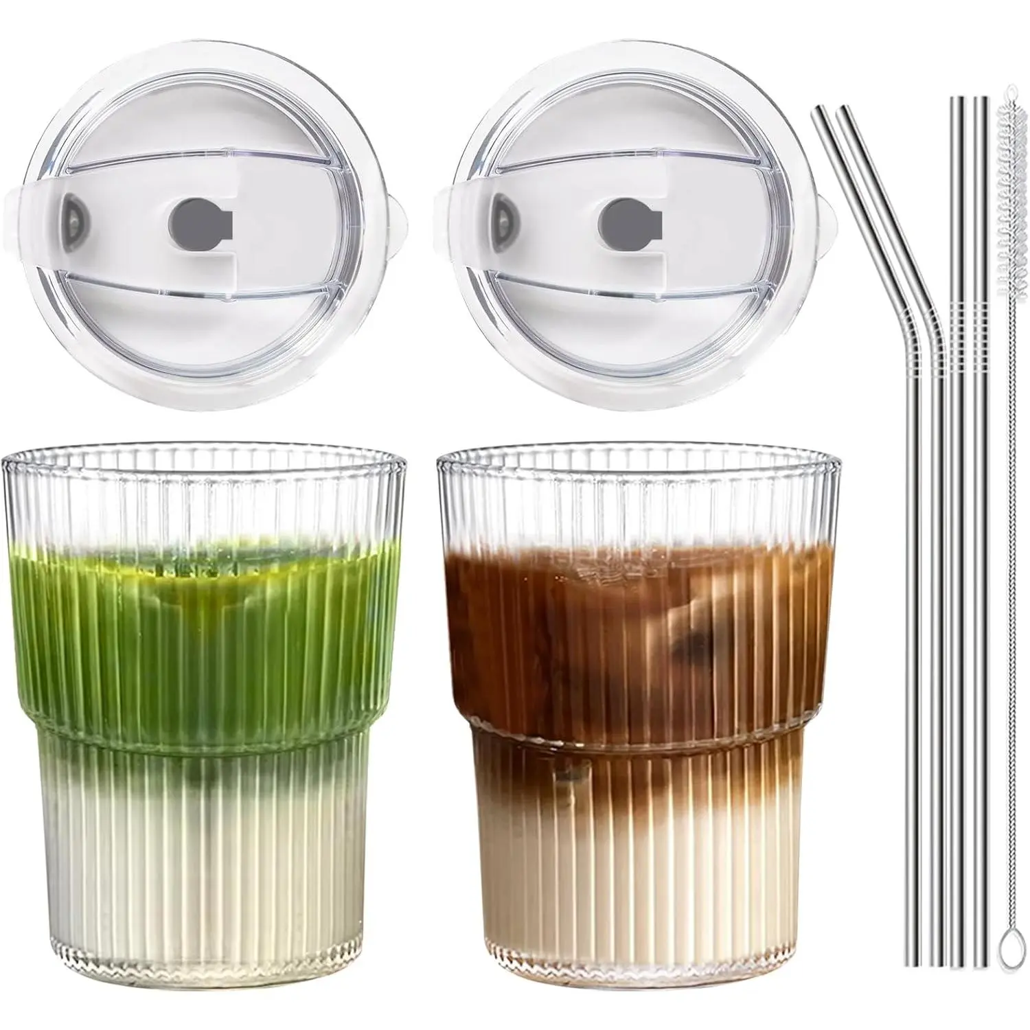 Iced Coffee Cups with Lids and Straws Set of 2, 16 Oz Unbreakable Plastic Drinking Cups Reusable Iced Coffee Cup to Go for Iced Tea,Juice, Water,BPA Free, Dishwasher Safe