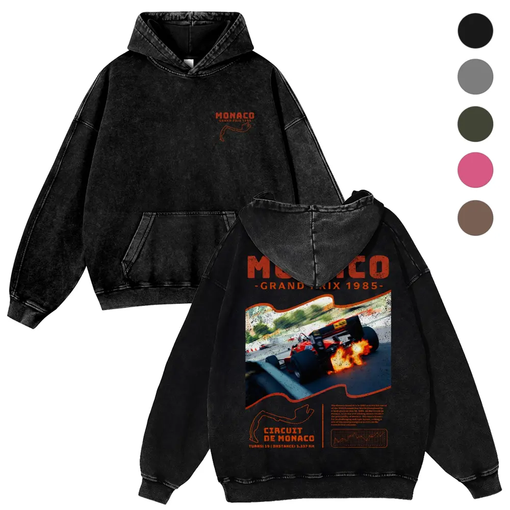 Men's Vintage Washed Thick Graphic Hoodie - Unisex 380g Super Soft Cotton Blend Longsleeves Sweatshirt, Monaco Race Back Print Pullover, Pre-Shrunken, Fit for Spring & Jeans, Cold Wash Only, Do Not Dry Clean
