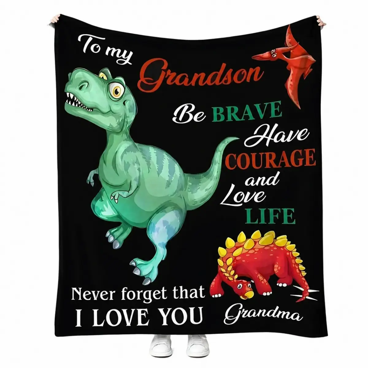 Dinosaur Gift Blanket for Boys, Fun Dino Design Throw Cover with Grandson Message, Decorative Blanket for Bedroom, Couch, Travel and Kids Room Decor