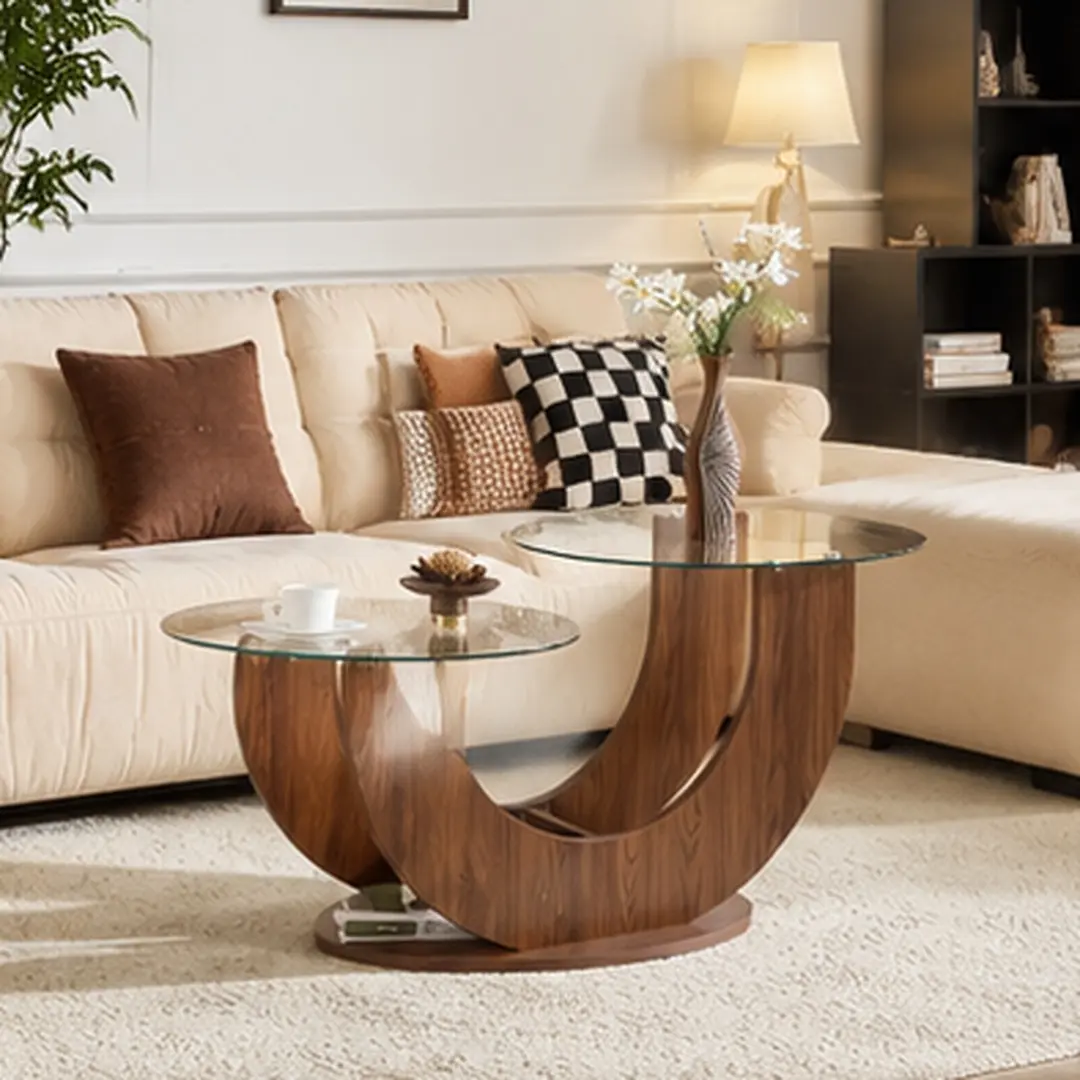 ARCH U-Shaped Double-Tier Glass Coffee Table with Walnut/Wood Grain MDF Base Modern Minimalist Living Room Side Table Adjustable Height 23.6in Tempered Glass Top Oval Base for Small Spaces, Transparent/Walnut/Wood Color Options, MDF+glass Material
