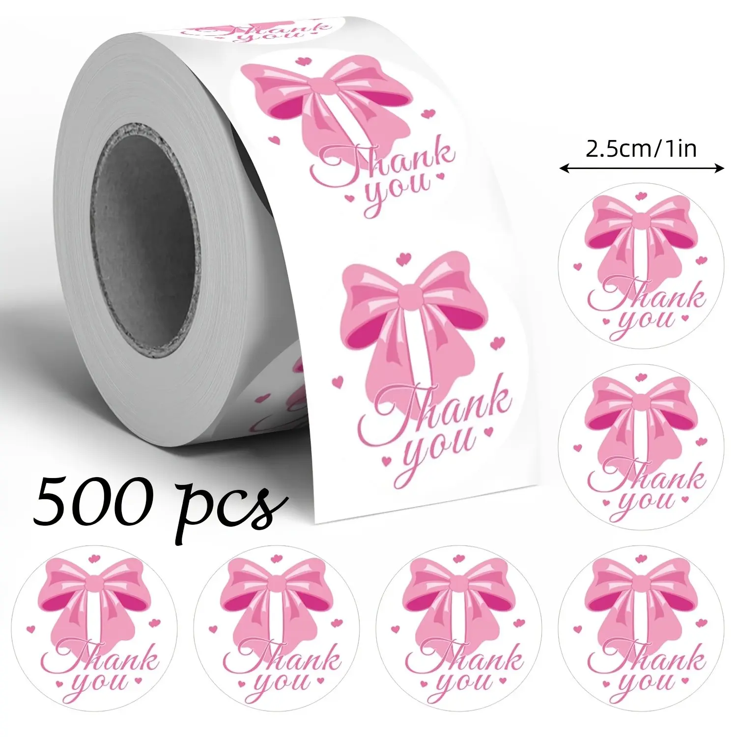500pcs/roll, Sticker Rolls, Pink Bow English Thank You Graffiti Stickers 1 Inch Round Office Stationery Stickers Greeting Cards Gift Packaging, Daily And Festive Parties decoration