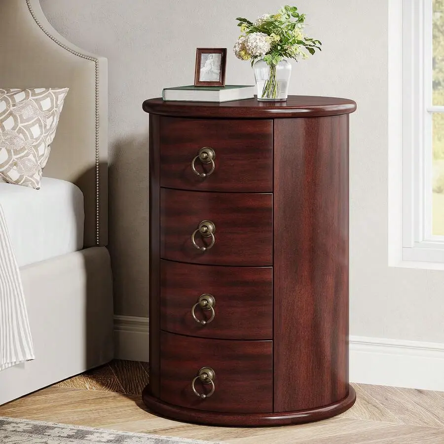 Brown Finish Vintage Tall Solid Wood Round Top Nightstand - 4-Drawer Pre-Assembled Rustic Side Table with Storage for Bedroom, Living Room