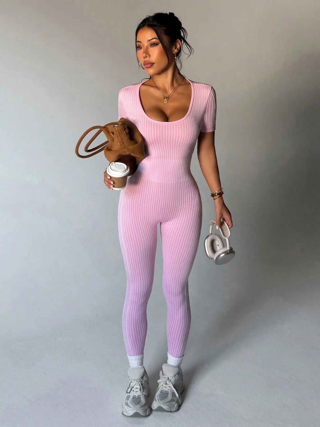 Women Sculpt Figure Ribbed Sport Jumpsuit Short Sleeve Back Lace Up Yoga Bodysuit Slim Fit Gym Training Active Onesie