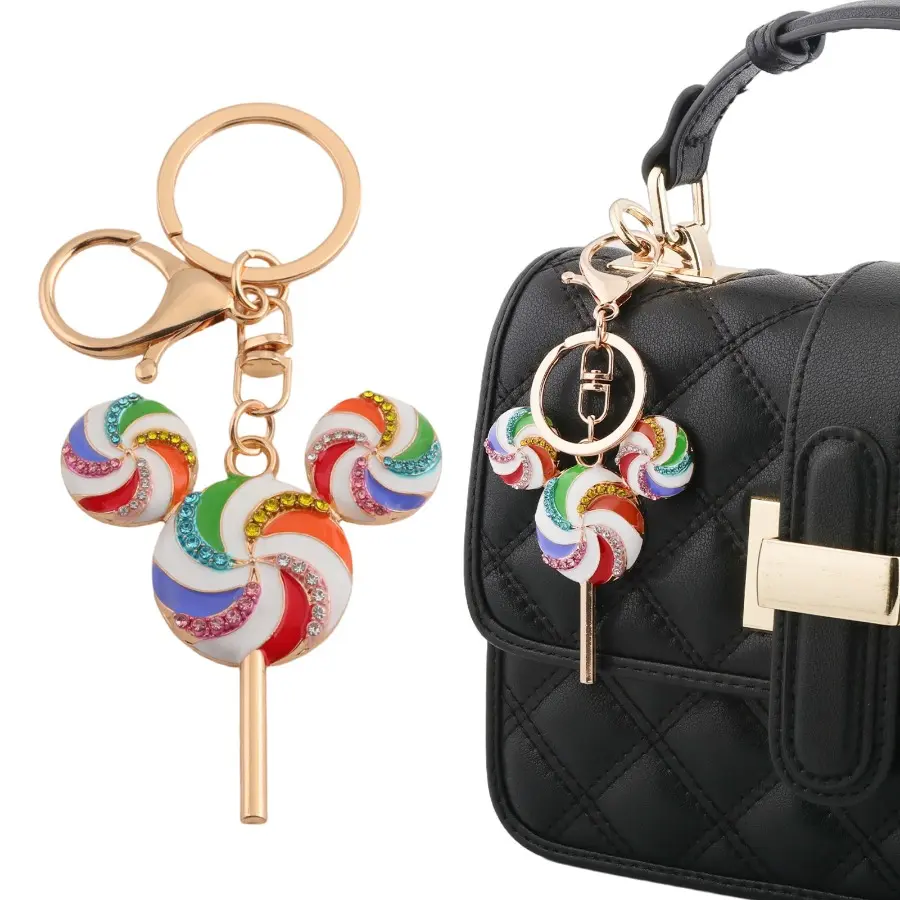 New creative fashion candy lollipop keychain with diamond inlay, colorful metal pendant, trendy gift