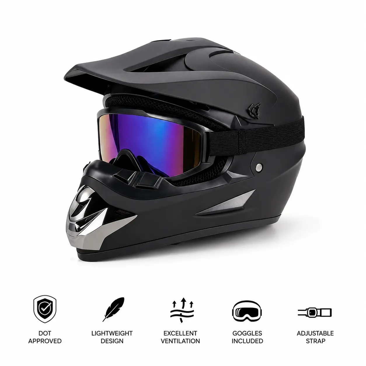 DOT Certified Full Face Motocross Helmet for Men, Matte Black Lightweight Offroad Helmet with ABS, EPS Foam, Goggles, Windproof Breathable Safety Gear for ATV, Dirt Bike