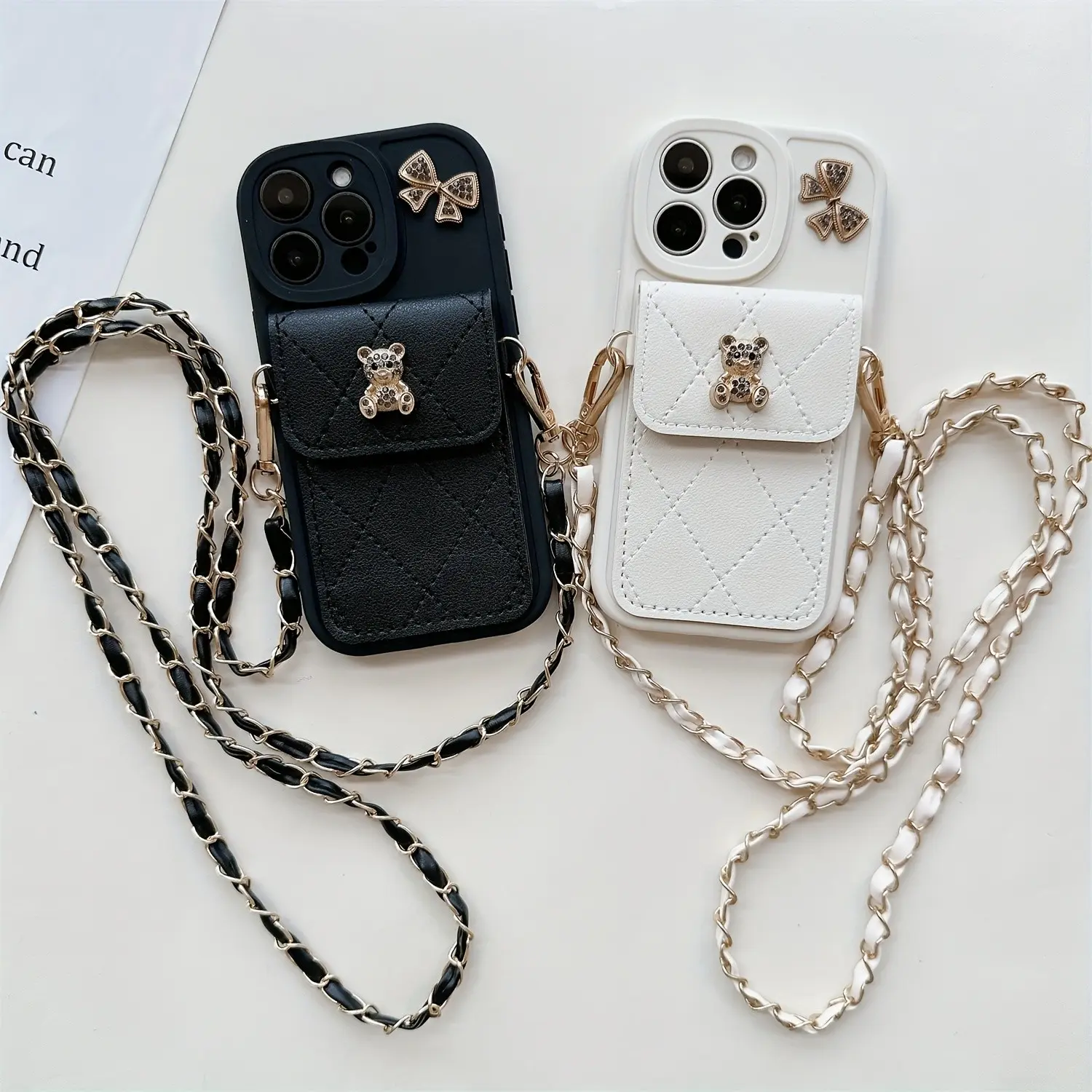 Bow Fashion Cartoon Bear 3D Card Holder Phone Case with Lanyard, Compatible with iPhone 17/16/15 Pro Max/15/16 Plus/14 with Crossbody Strap, 12/13 Pro Max Full-Body Soft Case, 11 Protective Case with Coin Purse.