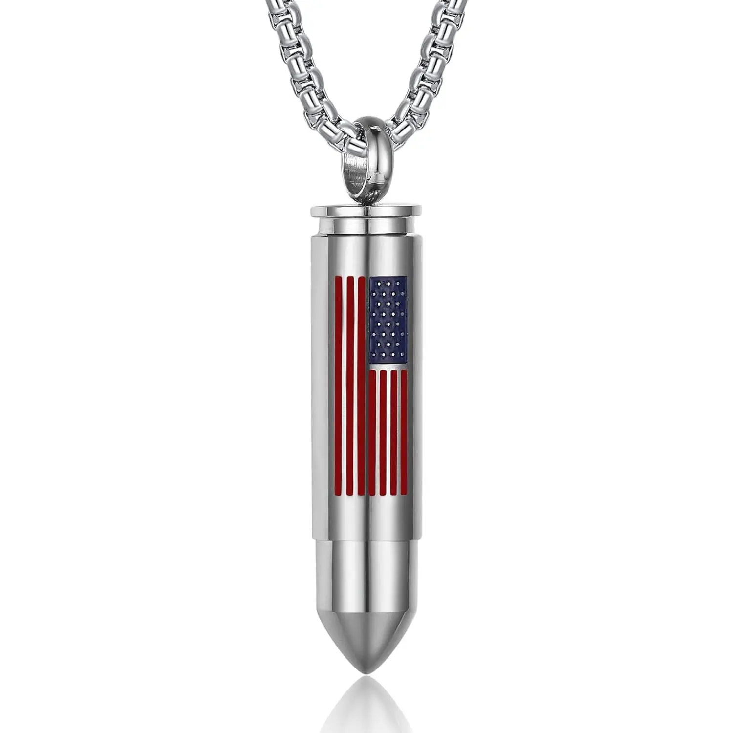 Bullet Urn Necklace  Ashes Stainless Steel Box Chain 24 inch American Flag Pendant Cremation Memorial Jewelry  Men