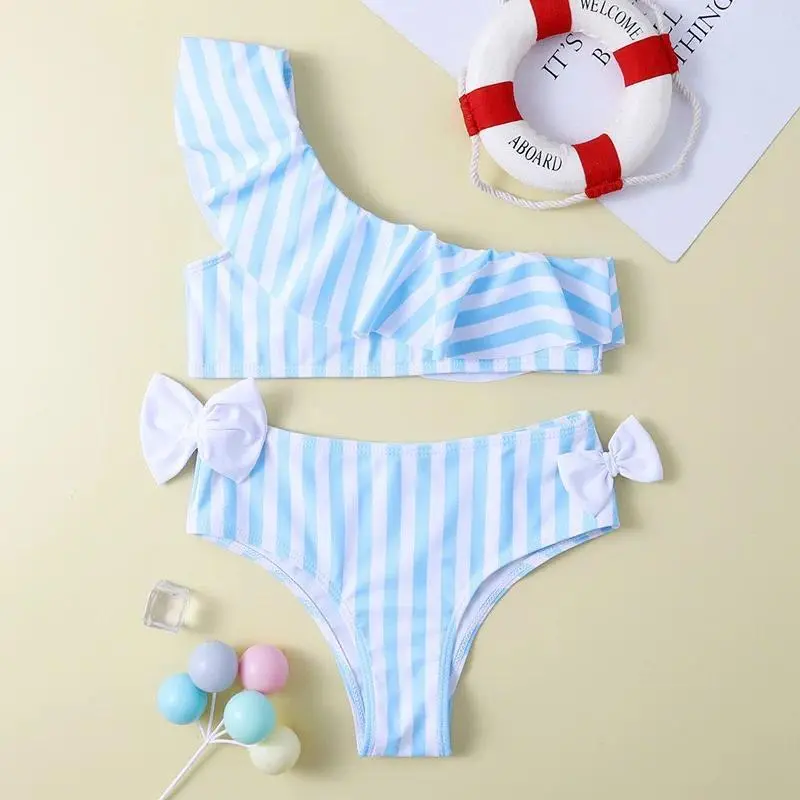 Girls Ruffle Bow Bikini Two Pieces Swimsuit Kids Striped One Shoulder Children's Swimwear 7-12Years Teenager Bathing Suit