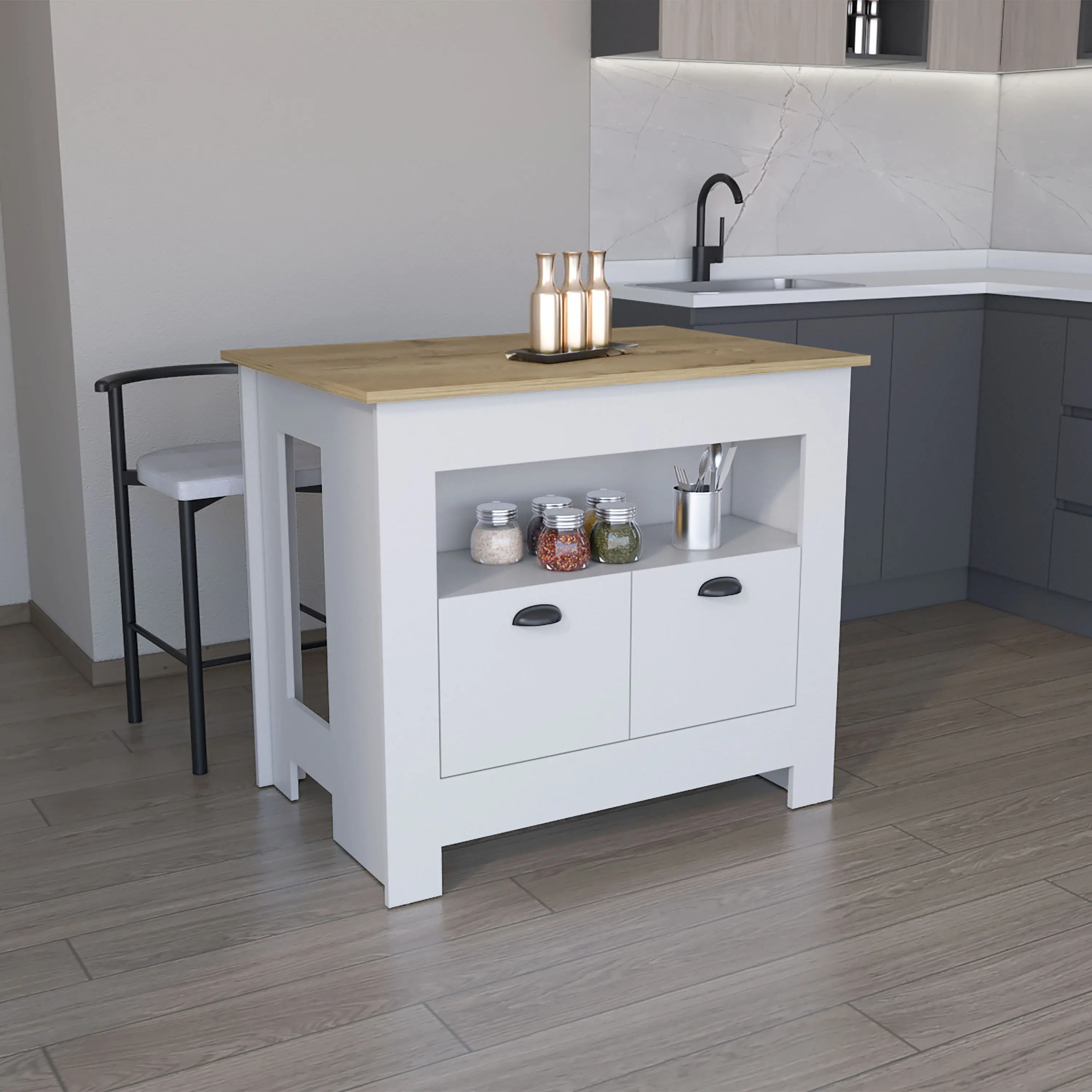 Nokaa Kitchen Island with 2 Doors and 3 Shelves, White/Macadamia Finish, Engineered Wood, 40.5W x 27.5D x 35.3H Inches, Storage Cabinet for Cookware and Utensils, FSC Certified, Single Box