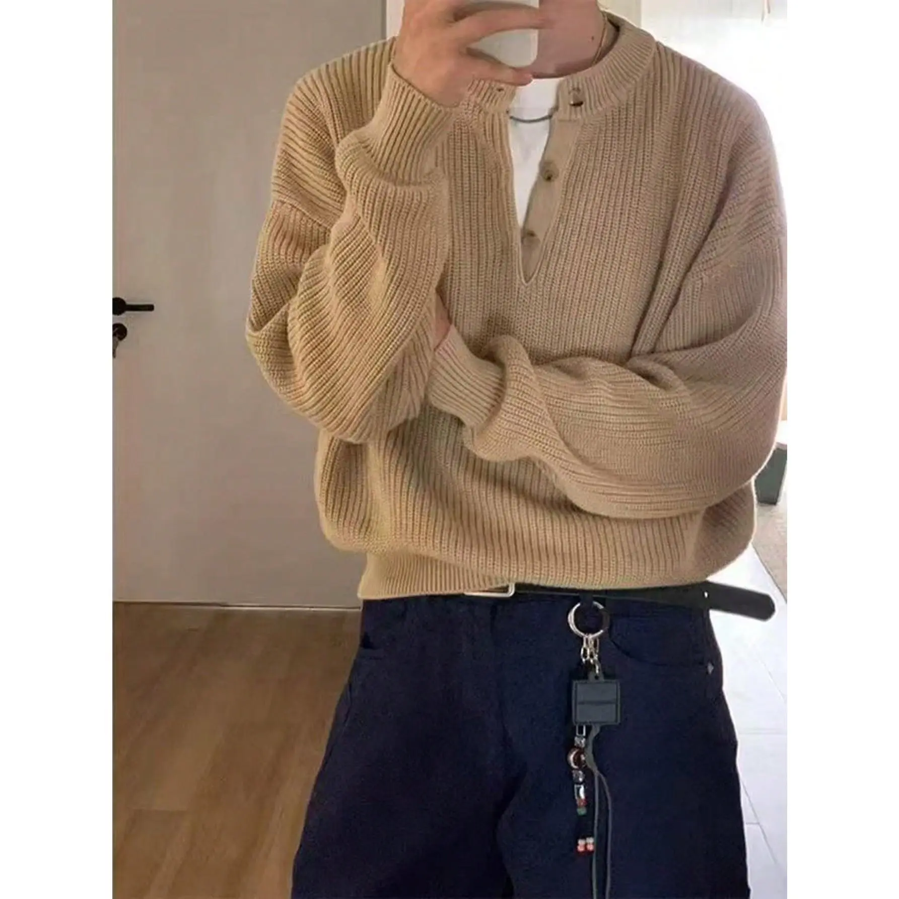 Men's Comfortable Minimalist Button Decor Long Sleeve Crew Neck Sweater, Casual Versatile For Daily Wear, Autumn/Winter