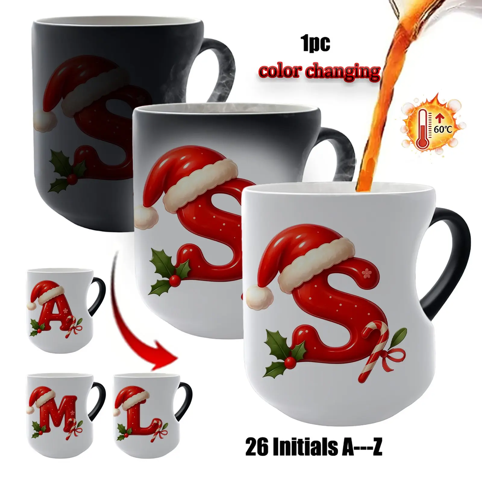 11oz Christmas Initial Color Changing Mug 26 Letters A-Z, Cute Red Candy Letter with Santa Hat Holly Candy Cane Pattern Heat Activated Discoloration Ceramic Coffee Cup, Xmas Personalized Monogram Mug Holiday Birthday Gift for Women Men Kids