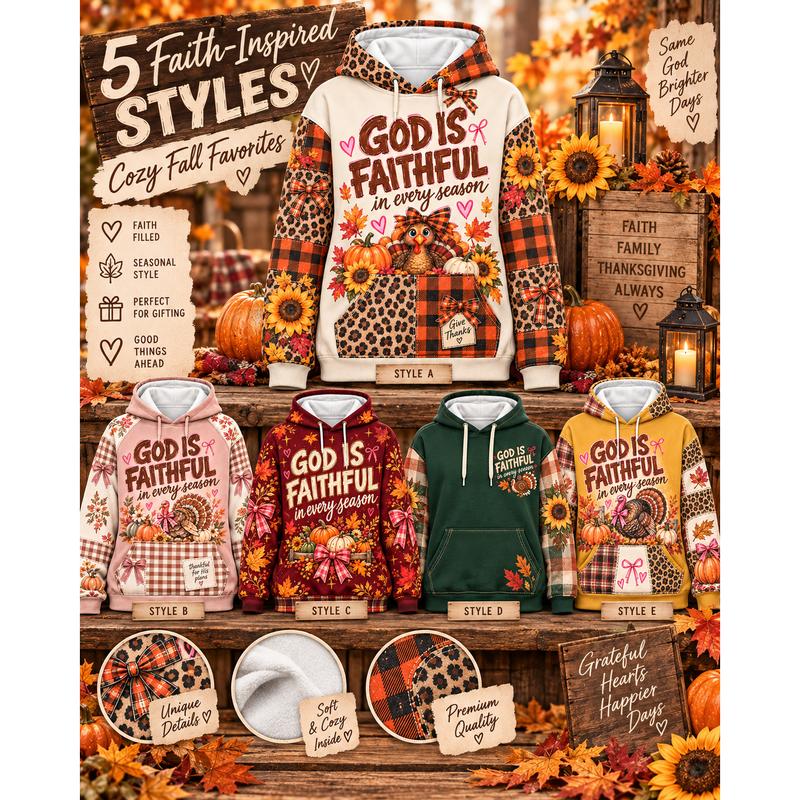 Men's God Is Faithful All-Over Print Pullover Hoodie - Casual Christian Tops, Elastic Cuffs Piece, Fall Thanksgiving Turkey Pumpkin Sunflower Leopard Plaid Cozy Holiday Outfit