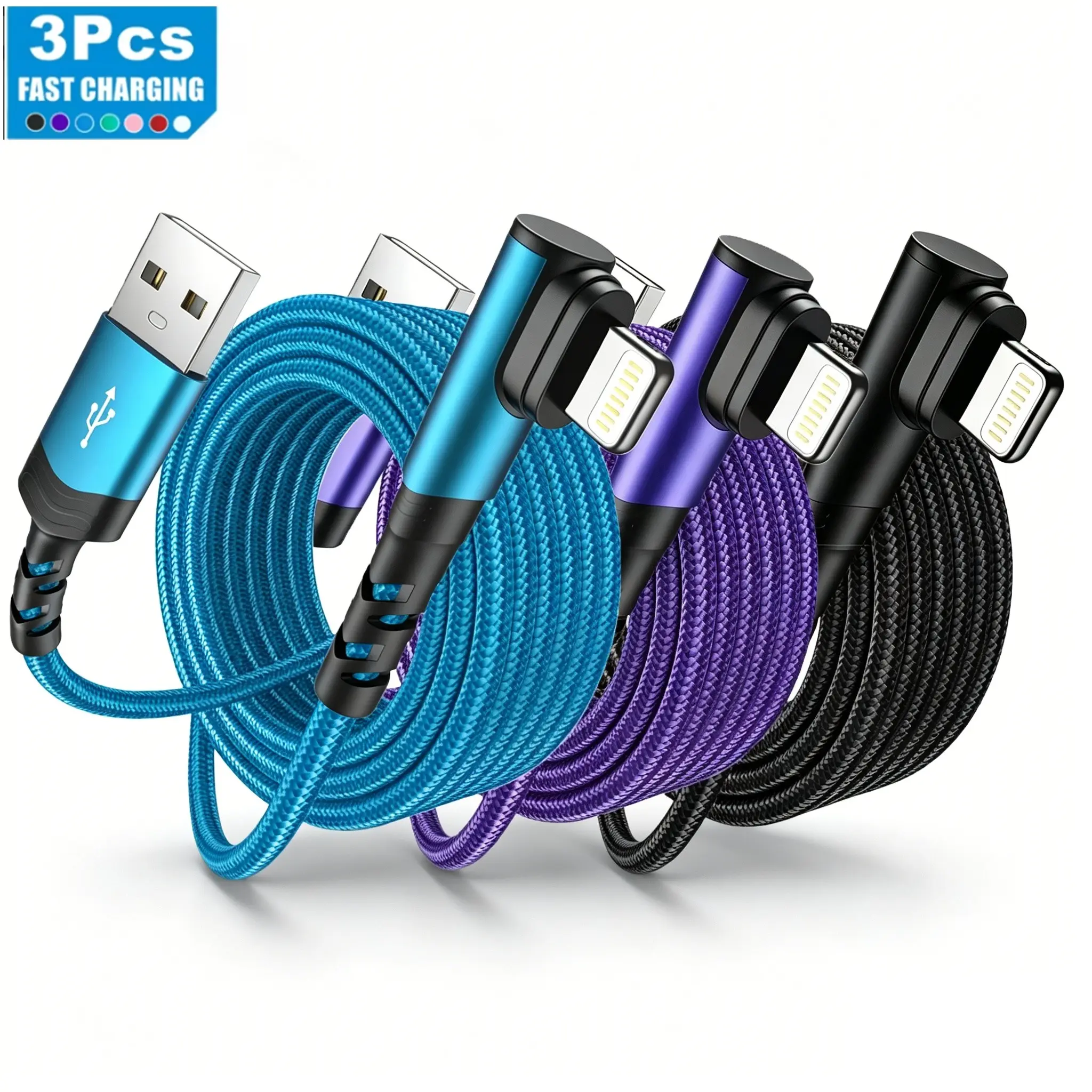 3Pcs Lightning Data Transfer Cable for iPhone, Fast Charging, 90-Degree Nylon Braided, Compatible with iPhone 14/13/12/11 Pro Max/XS Max/XR/XS/x/8/7/plus/iPad