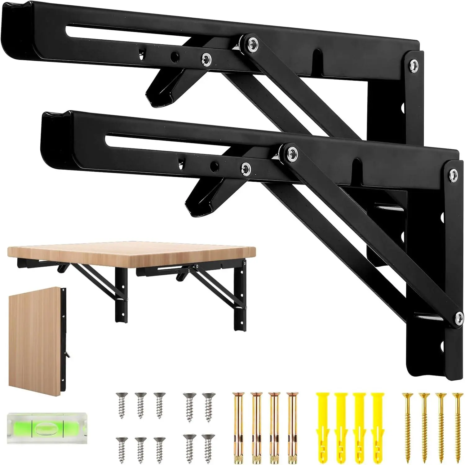 Folding Shelf Brackets 10 Inch, 2 Pack, Black, Wall Mount | Heavy-Duty Steel, Fold-Down Space Saving Design, Includes Screws And Level, For Shelves Or Wall Tables
