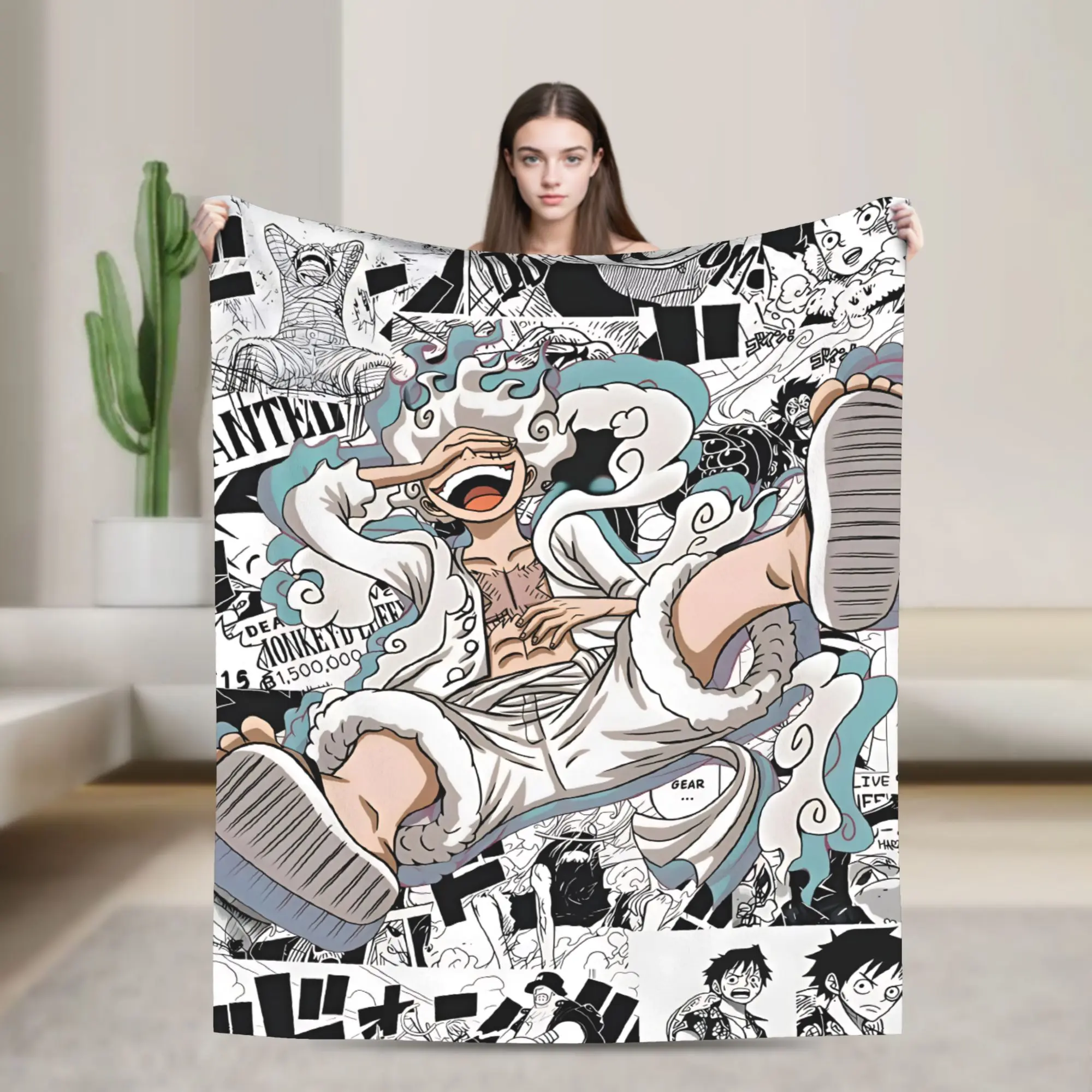 One Piece Luffy Gear 5 Nika Manga Background Flannel Blanket, Soft Lightweight Anime Throw Blanket