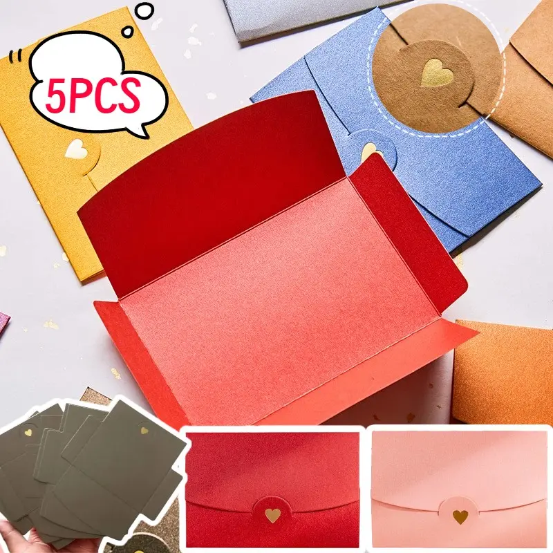 5 Western Colorful Gold Foil Heart Pearl Paper Envelopes, Small Greeting Card Cases, Elegant Gift Packaging, Perfect for Special Occasions