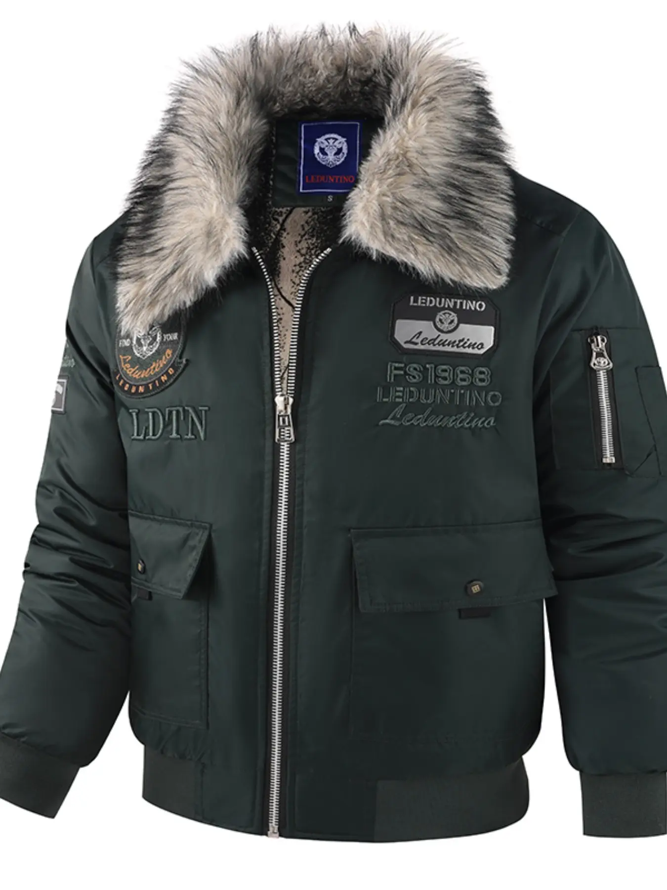 Men's Faux Fur Lined Flight Jacket, Embroidery Multi-Pocket Windproof Warm Workwear Coat, Fall Winter Camping Outdoor Jacket