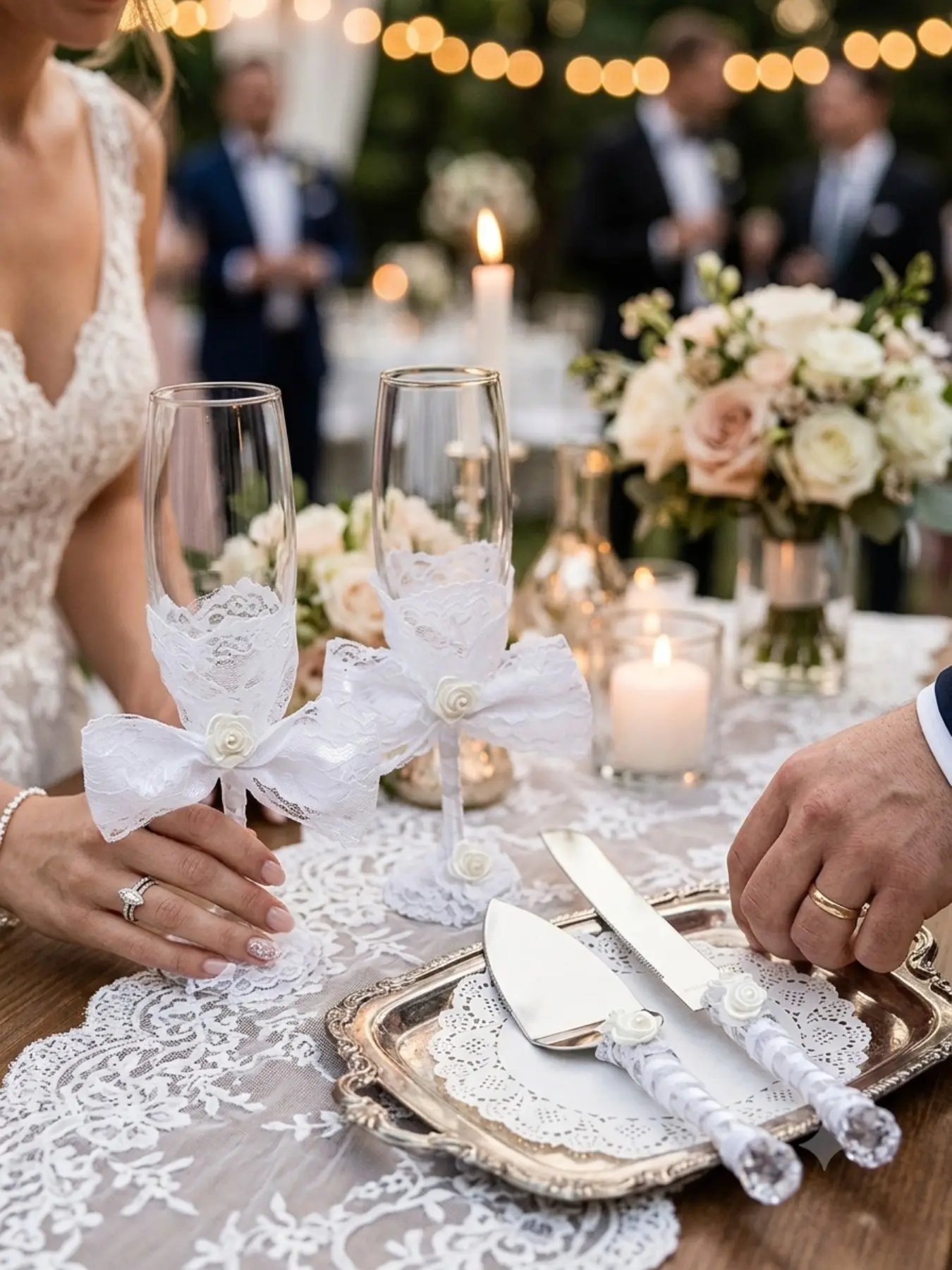 4-piece wedding champagne cup and cake knife shovel set, exquisite lace bow rhinestone bride and groom toast Cup, various Champagne Cup decorations, cake cutting set for wedding reception/bridal party/engagement/anniversary gift