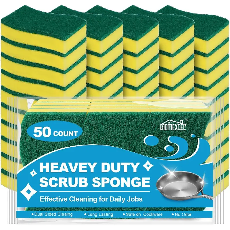 50PK Sponges Kitchen, Heavy Duty Dish Scrubber Sponge for Home |   Yellow Scrub Cleaning Sponge for Dishes, Pots, Pans, Dual Sided Dish Sponge for Kitchen, Bathroom