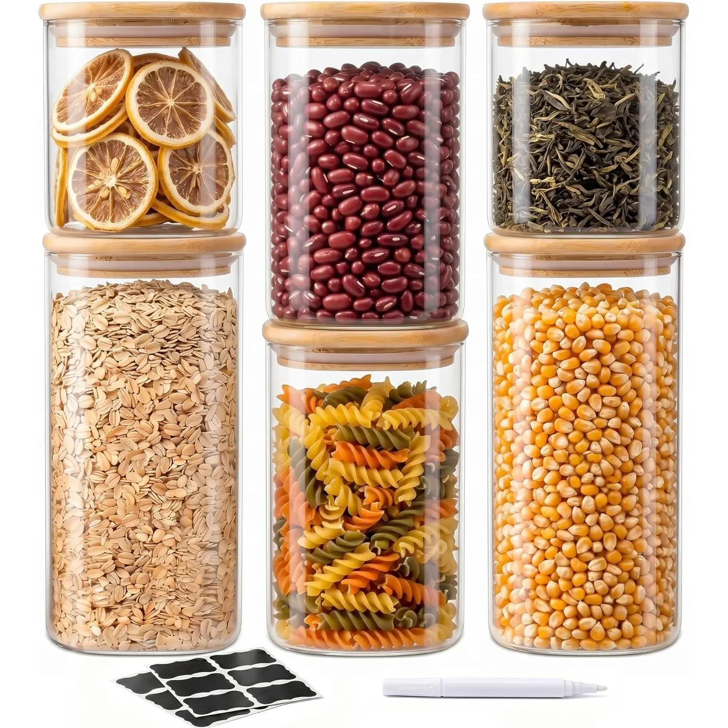 24/ 37/ 51Oz Glass Jars - 6 Pack Food Storage Containers with Lids Square | Food-grade durable clear canister, Bamboo seal cover, Stackable, BPA-Free, for sorting oats, Coffee beans, Snacks & More