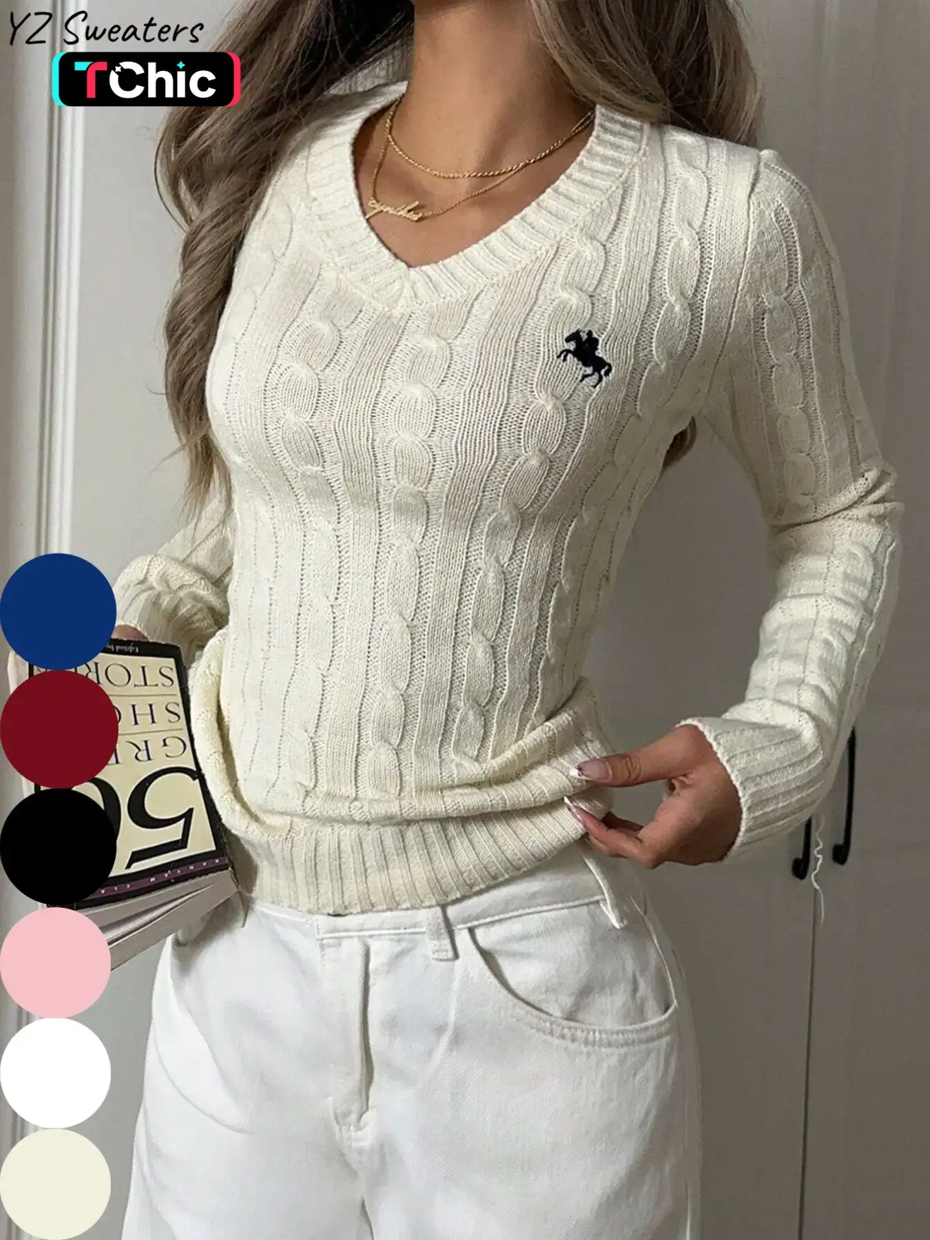 Women's Horse-Embroidered Classic V Neck Embroidery Sweater Pullover, Casual Long Sleeve Jumper for Spring & Fall, Fashion Women's Knitwear Tops for Daily Wear, Womenswear