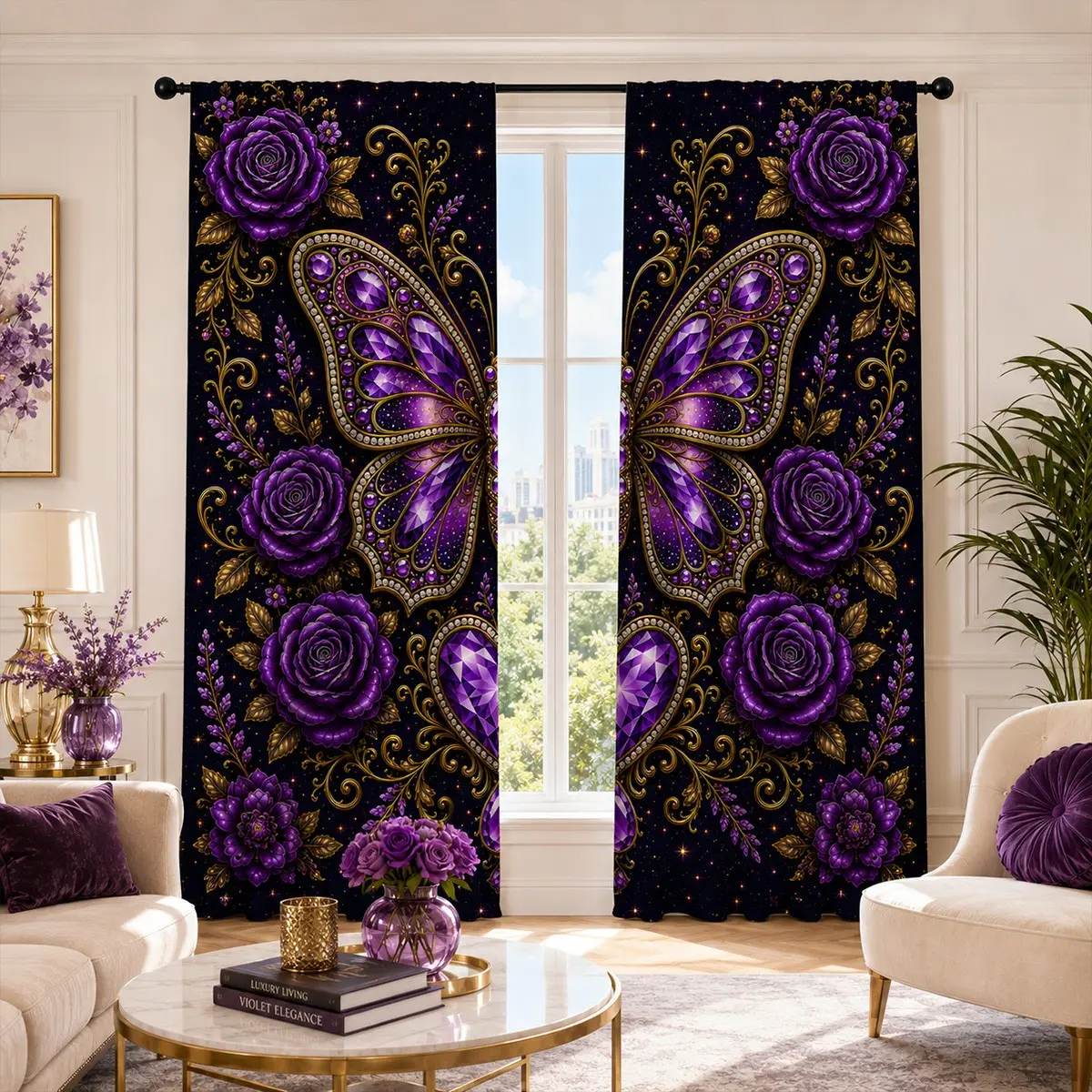 Base Gemstone Rose Butterfly Curtain Set, 2-Piece Light Blocking Gold Vine Crystal Curtains, Luxury Dark Style Bedroom Living Room Decor