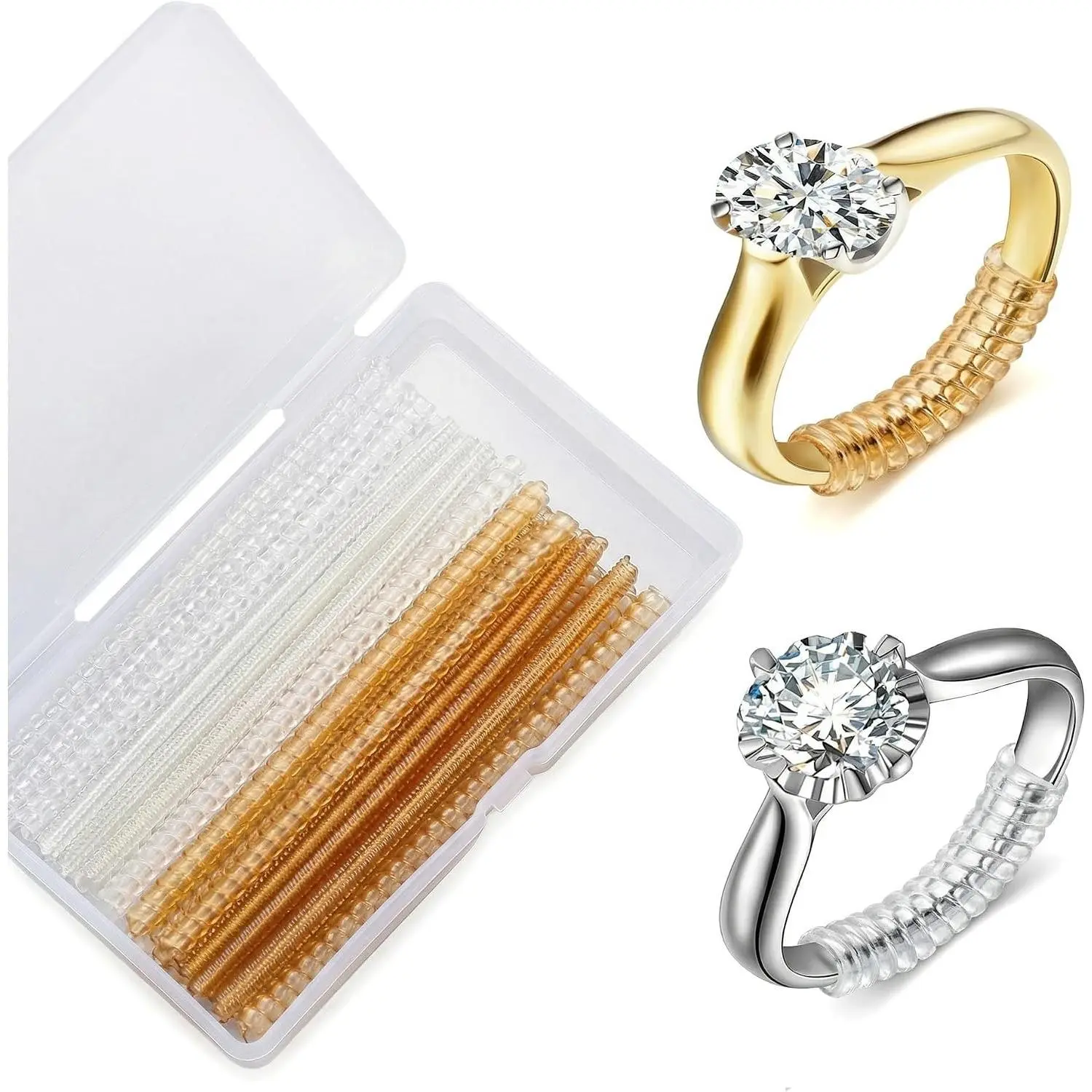 16 Pack Invisible Ring Sizer Adjuster for Loose Rings - 8 Gold + 8 Clear Silicone Guards with Storage Case, Tighteners to Make Ring Smaller Without Resizing, Fits 1-8mm Bands for Women Men