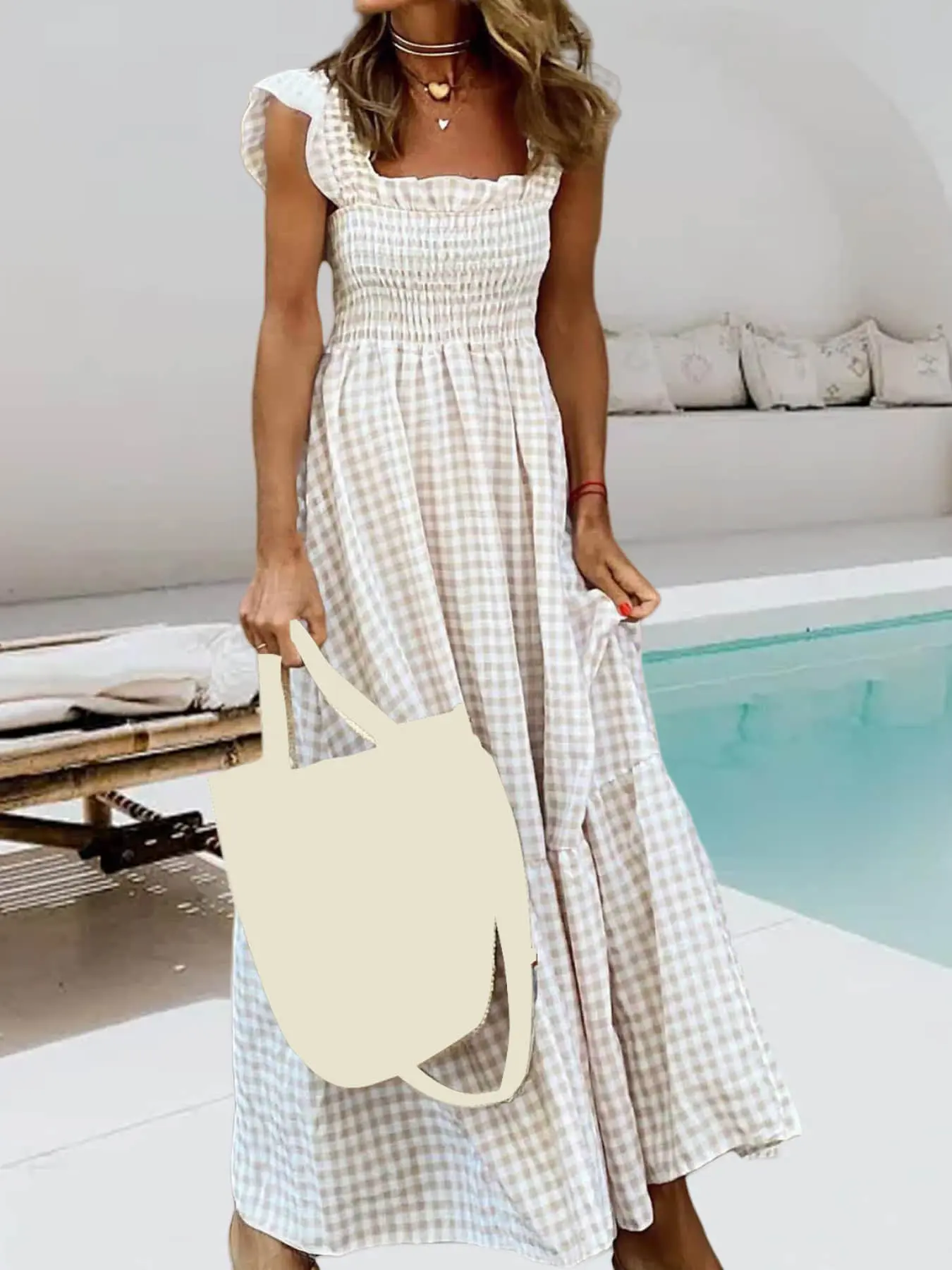 A fashionable and fresh plaid square neck dress, Casual Beach Sundress, for women, with small fly sleeves, suitable for summer, beach vacations, friend gatherings, park picnics, etc.