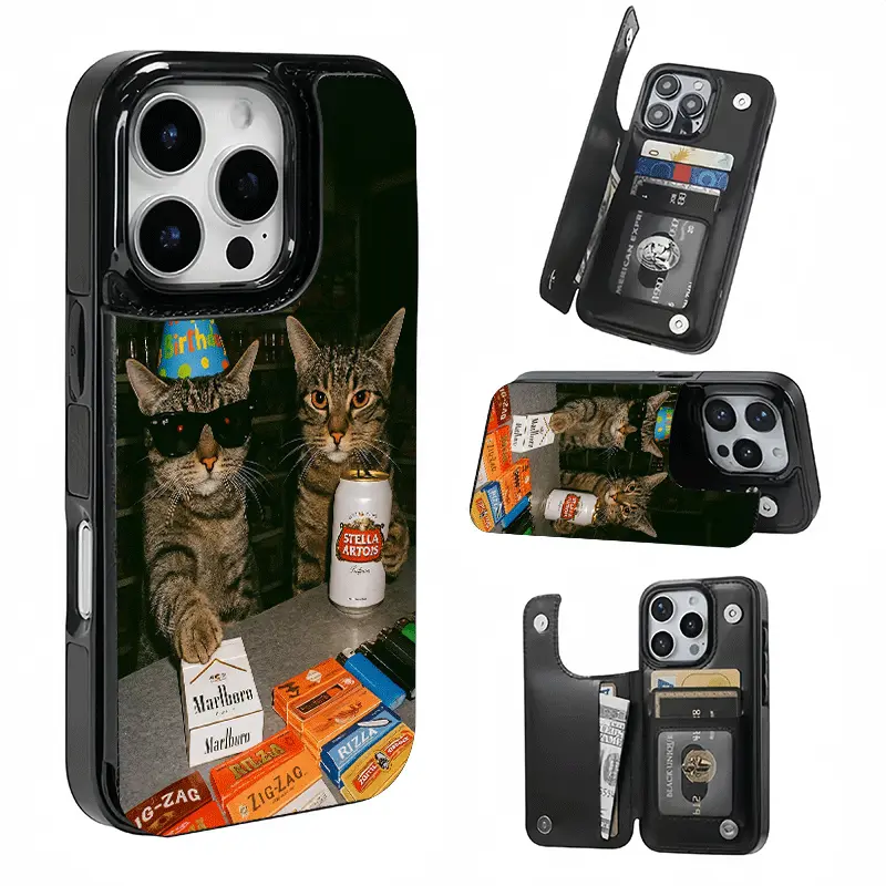 Funny Cat Birthday Party Themed Phone Case with Slot for iPhone 17/16/15/14/13/12 - Stores Bank/Transit Items, Ideal Gift for Girls
