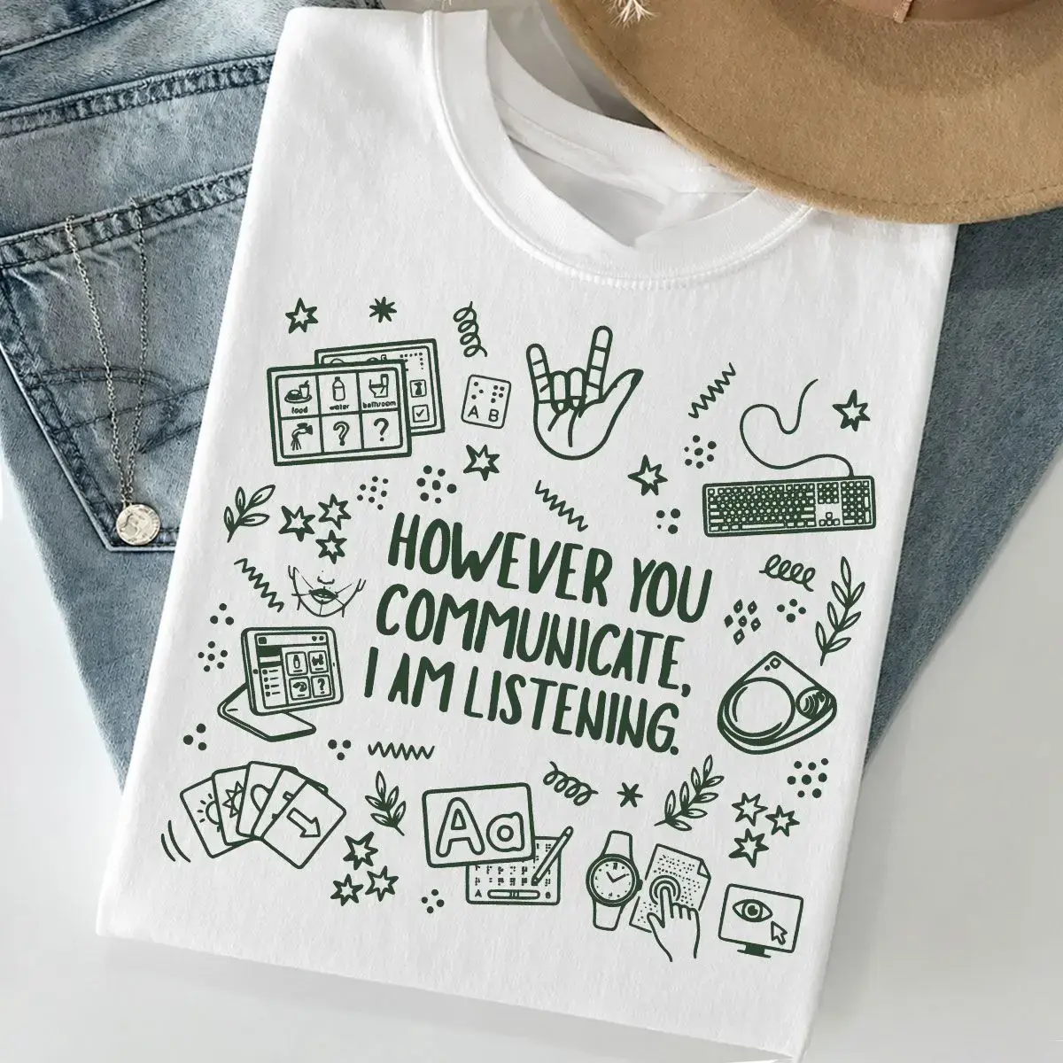 Retro Graphic Oversized T-Shirt for Speech Pathologists - Teacher Clothes Gift for Special Ed Educators with "However You Communicate I Am Listening" Design