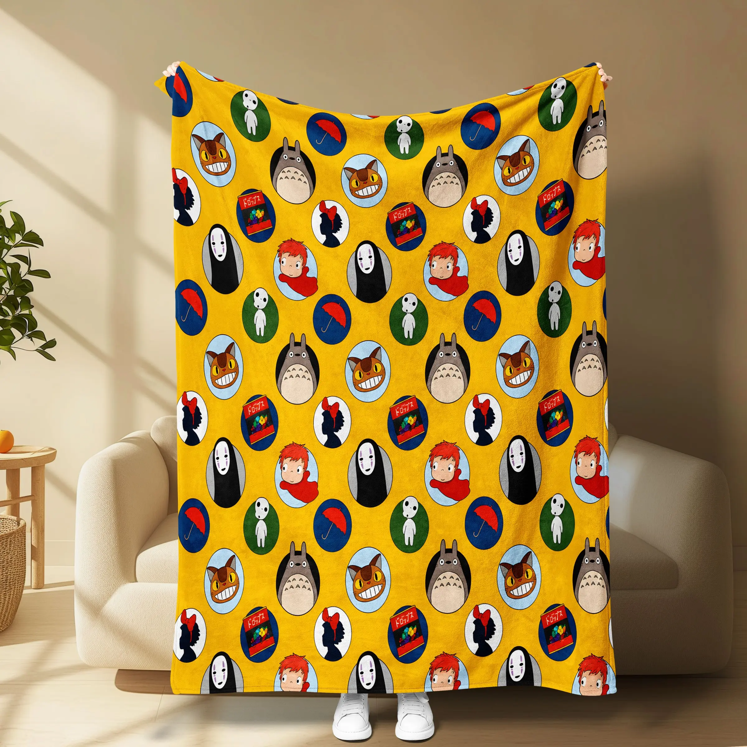 Ghibli Round Avatar Flannel Blanket, Bright Dragon Cat No-Face Pattern, Soft High-Density Flannel, Perfect for Sofa Bed Office