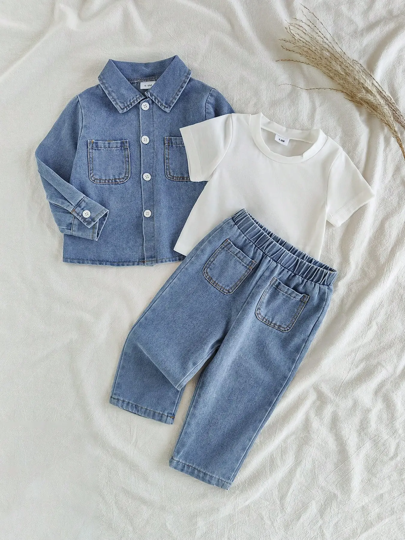 Baby Boy Casual Short Sleeve T-Shirt and Long Sleeve Simple Denim Shirt, Versatile Retro Street Style Outfits Baby Clothing Clothes