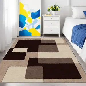 Velvet Soft Square Geometric Pattern Bedside Rug, Elegant Home Decor Carpet, Living Room Sofa Pad, Washable, Multi-Size Options