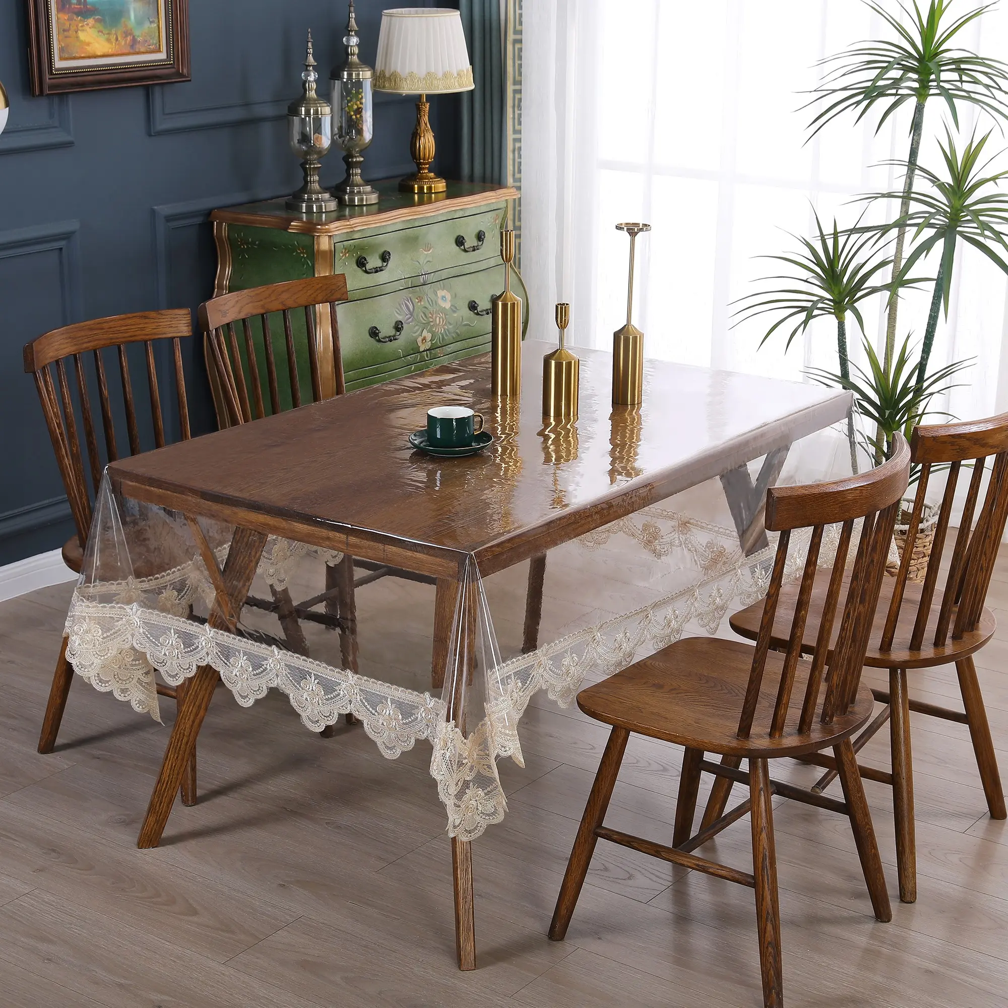 Waterproof Oil-Proof PVC Tablecloth with Lace Trim, Non-Slip Dustproof Dining Mat, Elegant Kitchen Party Events Decor, Easy Clean Surface