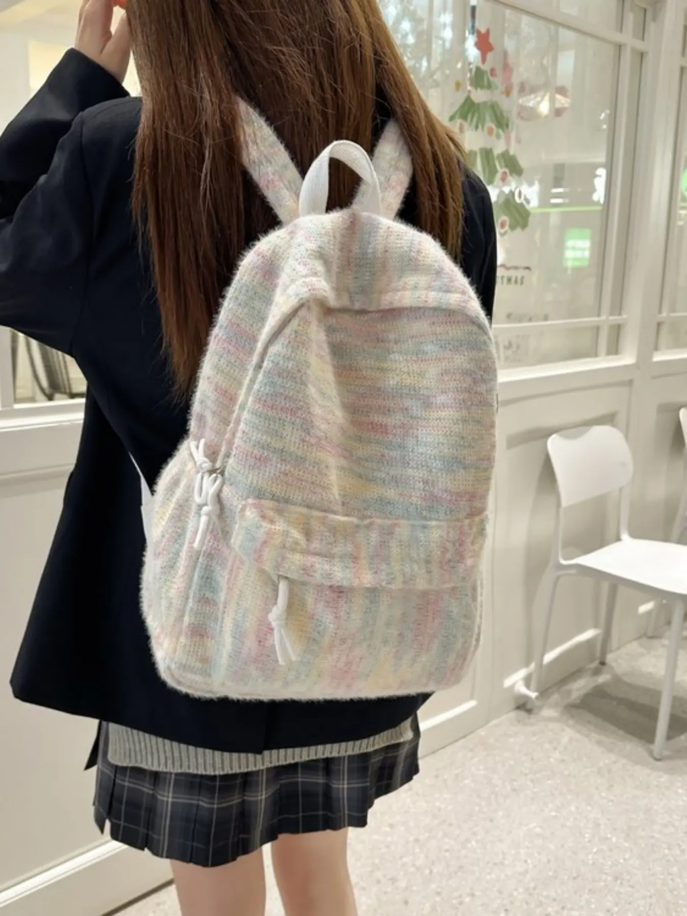 Rainbow Gradient Plush Striped Backpack, Lightweight Casual Student Bag, Sweet Atmosphere Girl Backpack, Perfect for School and Travel