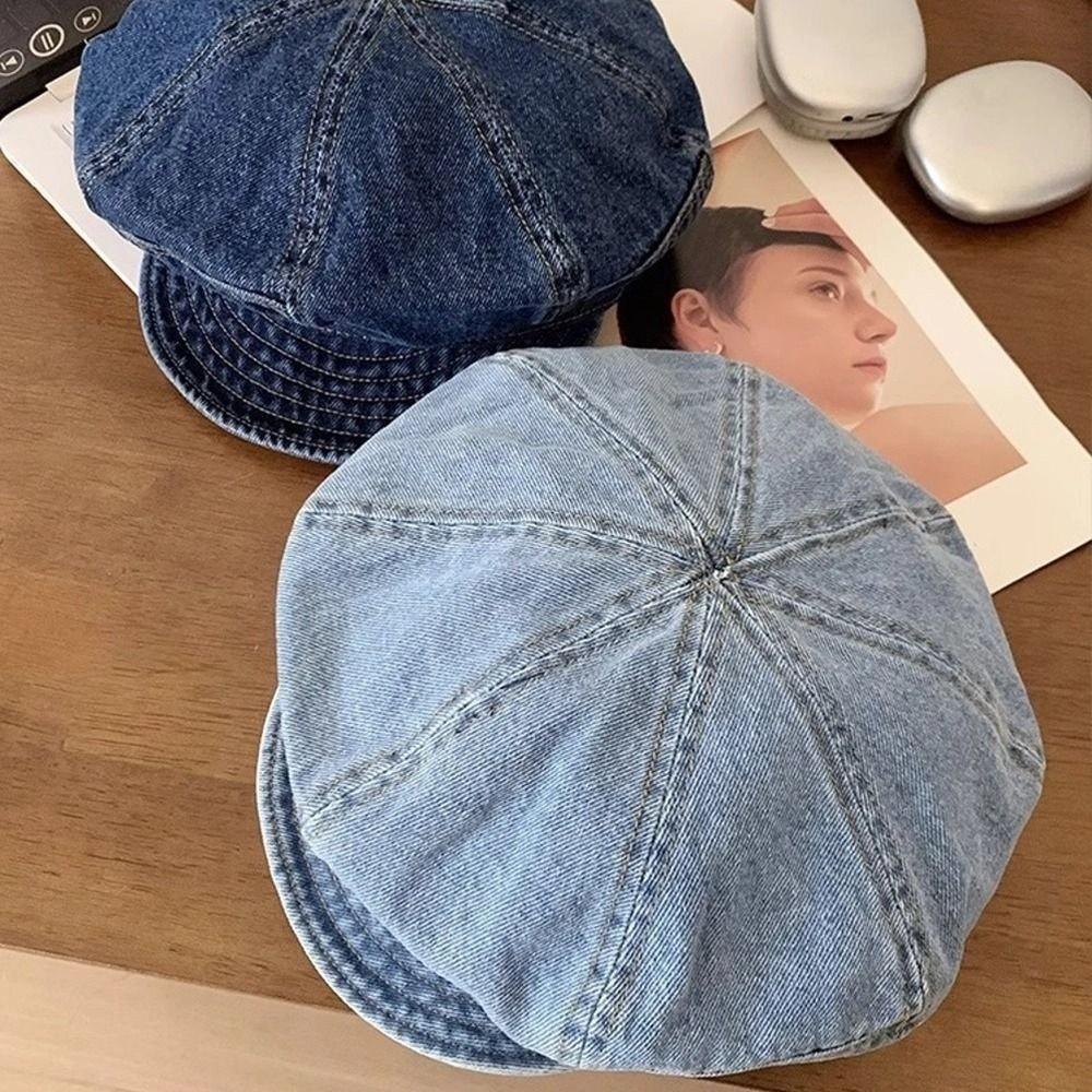 Fashion Vintage Washed Denim Beret Cloud Newsboy Octagonal Cap Visor Artist Peaked Hat Women