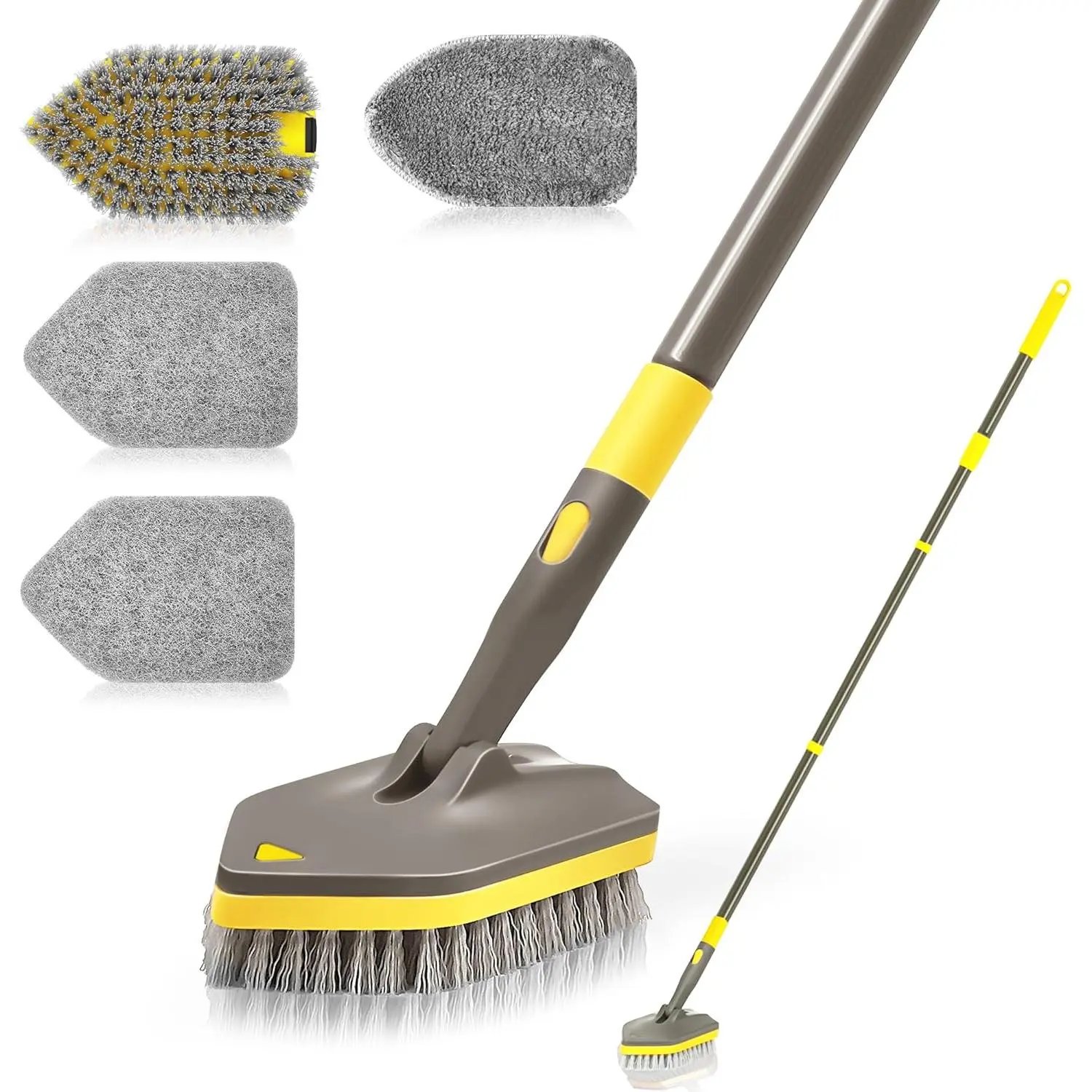 Multifunctional Lightweight Bathroom Shower Cleaner Brush with 56-in Telescopic Handle, Rotatable Removable Washable 4 Scrub Heads, Pad, Broom Holder for Bathtub Floor, Sink (Brown Yellow), Adjustable