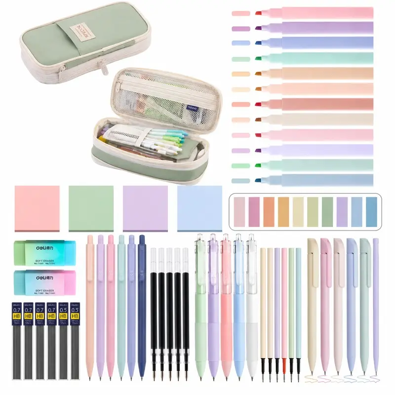 54 PCS Student Daily Essentials Stationery, Large Pencil Case Included, 5 Ballpoint Pens, 12 Pastel Highlighters, 5 Black Ink Gel Pens, 6 Mechanical Pencils 0.5-0.7mm