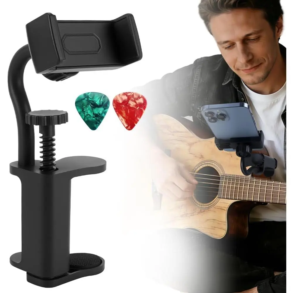 Guitar Phone Holder, 360° Rotatable Guitar Phone Mount for Video Recording & Live Streaming,  Phone Clip Fits Acoustic Electric Guitars Bass Ukulele (For  Thickness: 2.36 - 4.13 Inch)