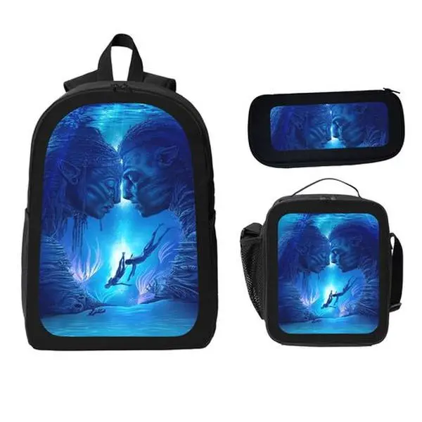 Avatar-2 Graphic Print 3-Piece Backpack Set, Minimalist Tear-Resistant Rain-Ready School-Use Lightweight Bookbag with Insulated Lunch Tote and Pencil Case