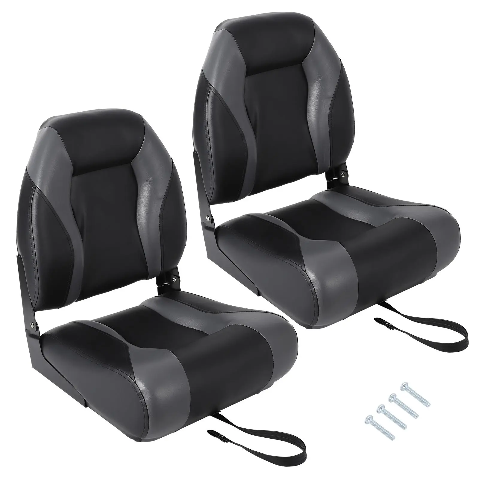2-Pack High Back Folding Boat Seats Marine Grade PVC Vinyl Boat Chairs with Flip Down Aluminum Alloy Hinges UV Resistant Waterproof Fishing Boat Seat Replacement Fit Universal 5x5 Base Pedestal Swivel Mount for Pontoon Bass Speedboat