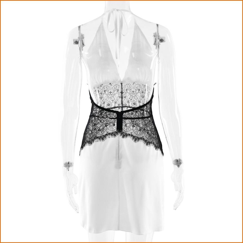 KODA & CO 04 Women's Sexy Halter Neck Lace Dress  High Waist Backless Mini Dress, V-Neck Sleeveless Open Back, Silk Satin Fabric