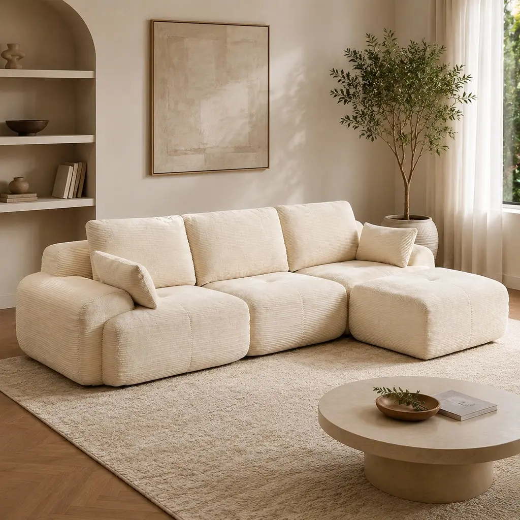 Beige Modular Corduroy Sofa - 84-114 Inch 3-Seater Configurable Compact Cloud-Soft Loveseat, Cloud-Design Memory Foam Sectional, No-Assembly Indoor Living Room Furniture for Small Spaces, Cloud-Soft Sofa Sets, Compact Sofa Sets
