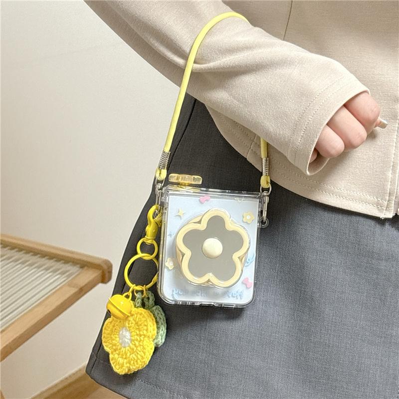 Cute Small Flower Magnetic Phone Case For Samsung Galaxy Z Flip 7 6 5 Flip6 Flip7 Cover with Magsafe Stand Lanyard Cases Funda