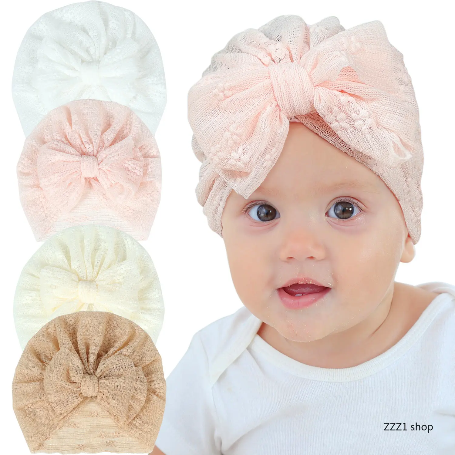 Girls' Breathable Lace Turban Hat with Big Bow - Mesh Yarn Jacquard Infant Beanie Cap, Infant Size Head Wrap for Newborn Summer Baptism Props (Sports & Outdoor Accessory Hat)
