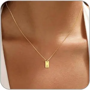 Initial Necklaces for Women Dainty 14K Gold Plated Necklaces Silver Initial Name Necklace Letter A-Z Tag Pendant Personalized Gold Jewelry Valentine's Day Gifts
