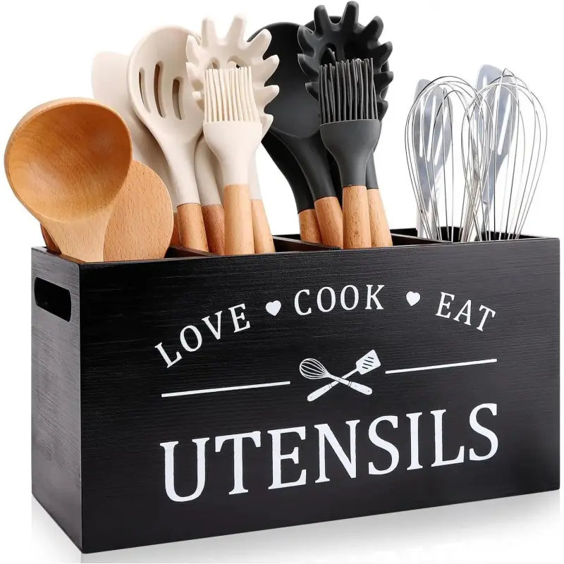 Black Farmhouse Utensil Holder for Kitchen Counter  Cooking Utensil Holder  Utensils Storage Organizer for Countertop Rustic  Kitchen Tool Decor Utensil Crock Spatula Holder